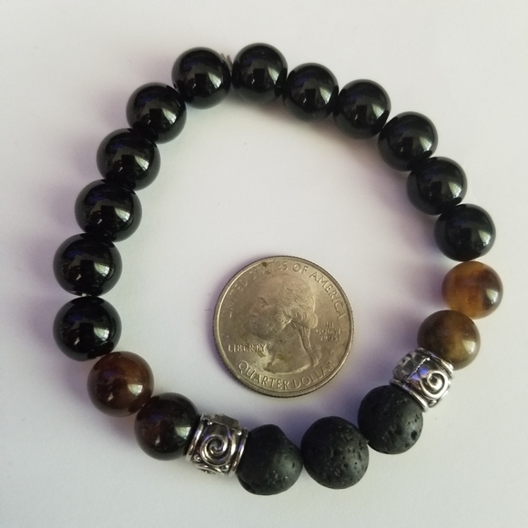 Gemstone beads stretch bracelet black orange lava silver tone - Picture 7 of 9